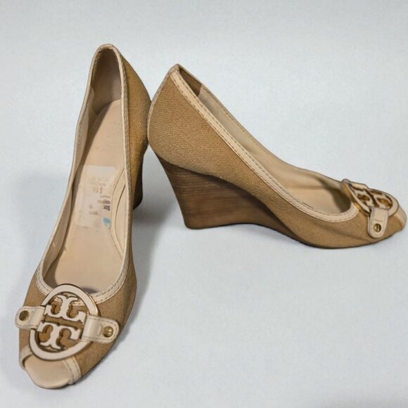 Tory Burch Amanda Open Toe Wedge Heels Sz 10.5 - Picture 1 of 5
